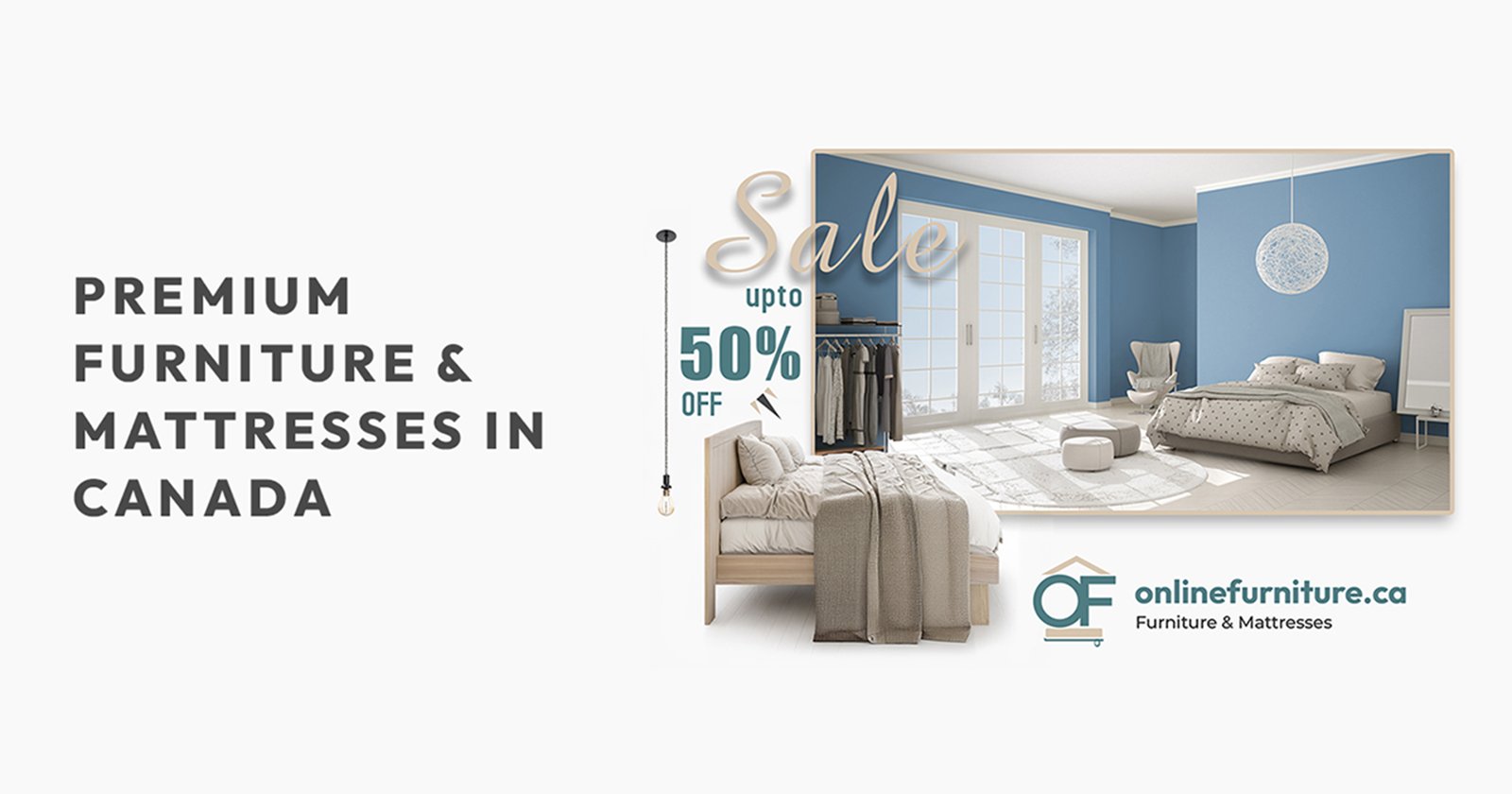 Premium modern bedroom furniture and mattress sale in Canada, 50% off banner for onlinefurniture.ca